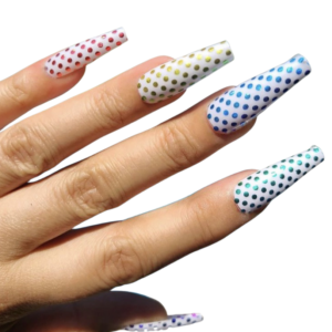 holographic metallic pattern multi colour spots overlay nail polish wrap over long white nails