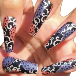 blue and pink flower pattern nail wraps on long nails