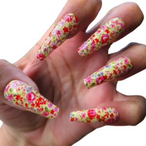 yellow pink red flower nail wrap on long nails