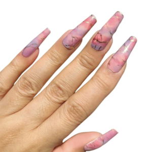 pink swirl with metallic gold nail polish wraps on long nails