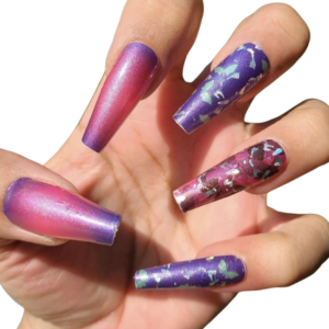 purple and pink butterfly nail wraps on long nails