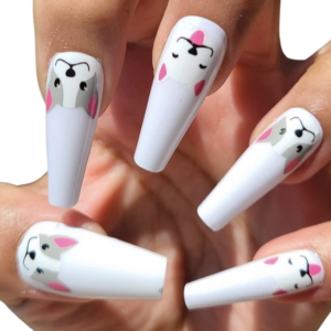 grey and white french bulldog overlay nail wraps on long white b=nails