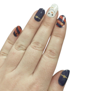 snowman nail wrap design on medium nails