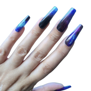 blue and black swirl nail wrap on long nails