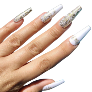 gold rose overlay nail polish sticker on long white nails