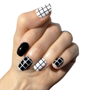 black and white check pattern nail wrap medium nails