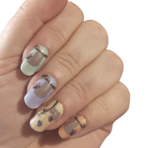 sloth pattern nail wrap pastel colours medium nails