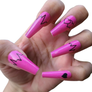 pink nail wrap with black heartbeat line nail wrap long nails