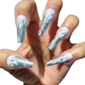 holographic silver tentacle pattern on long white nails