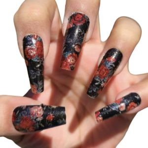 black and orange red flower pattern nail wrap on long nails