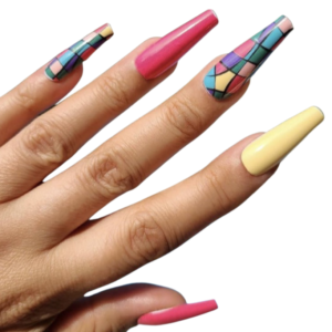 pink and yellow and multi pattern design nail wrap on long nails
