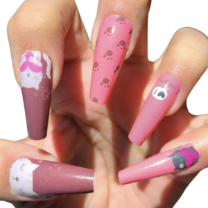 cats heart and footprints pink and brown nail wrap on long nails