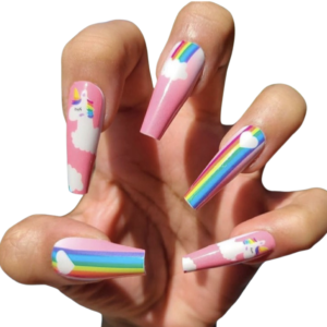 Pink unicorn and rainbow nail wrap long nails