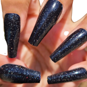 Black and fine glitter nail wraps on long nails
