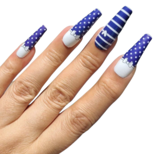 Blue and white stripes spots and bows nail wraps on long nails