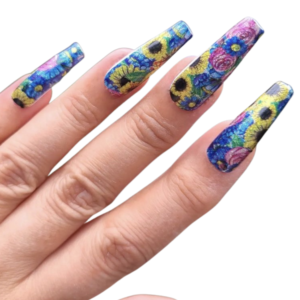 Sunflowers and blue glitter nail wrap on long nails
