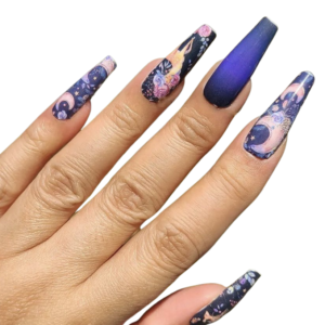 Navy blue animal deer and night sky pattern nail wrap on long nails