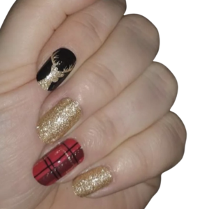 Stag moose red and gold glitter Scottish Christmas nail wrap on mediumnails