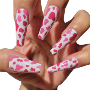Pink and white cow pattern on long nails