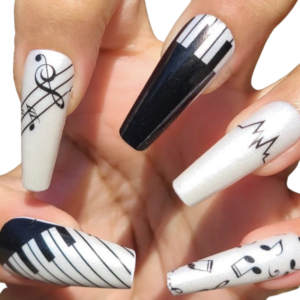 Black and white music symbols nail wraps on long nails