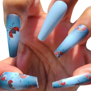 Pale blue ladybirds nail wraps long nails