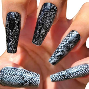 Black snakeskin print overlay nail wrap on long nails