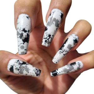 black white and silver splash nail wraps on long nails