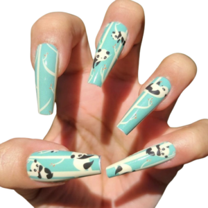 Cartoon panda and green turquoise nail wraps on long nails