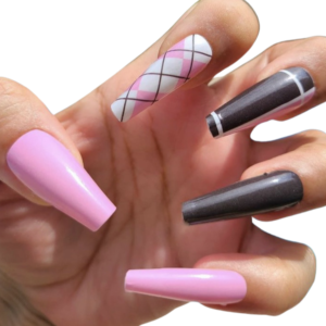 Pink black and white plaid argyle pattern nail wrap on long nails