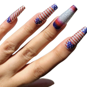 Red white and blue usa flag nail wrap on long nails