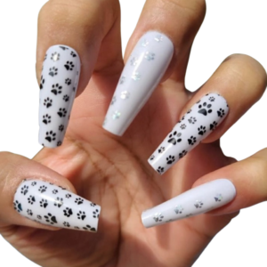 dog and cat paw prinks overlay in black and silver nail wraps long nails