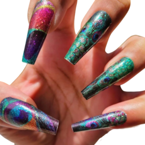Green and pink peacock feather pattern nail wrap on long nails
