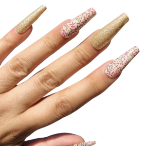 Pink flower gold glitter nail wrap on long nails