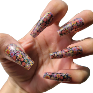 Orange and red glitter flower nail wrap on long nails
