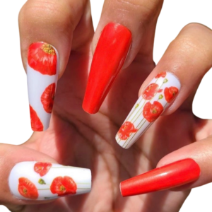 Poppy and red nail wraps on long nails