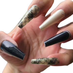 Navy blue and beige nail wraps over long nails