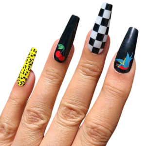 Black and yellow nail wrap on long nails