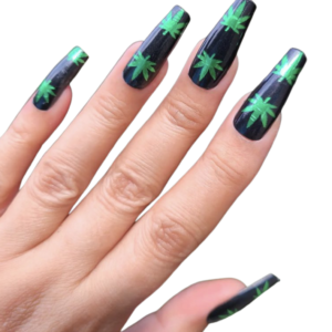 cannabis marijuana nail wrap black background on long nails