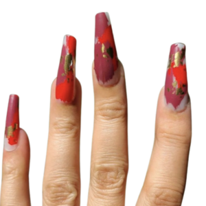 red and dark red and gold metallic nail wrap on long nails