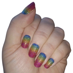 blue yellow pink glitter ombre nail wrap on mediumnails