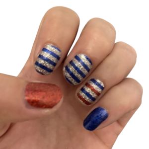 red blue silver stripe nautical nail wrap glitter on short nails