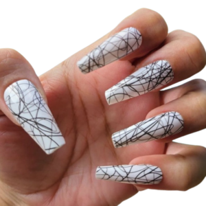 black scribble nail wrap design on long nails