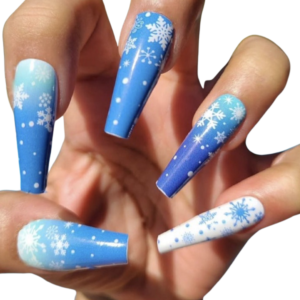 blue ombre with white snowflakes nail wrap on long nails