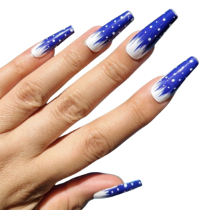 blue and white snow shower nail wrap design on long nails