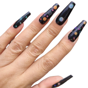 Black with glitter planets design nail wrap decal on long nails