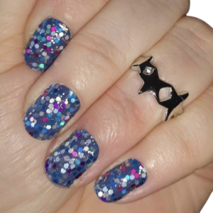 blue with silver and purple glitter nail wrap decal on medium nails