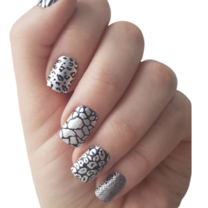 silver mixed animal print overlay over navy nail wrap pn medium nails