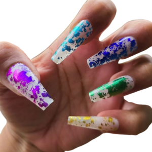 metallic multi colour splash of colour and clear overlay nail wraps over long nails