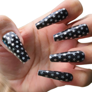 silver stars black background nail wraps on long nails