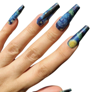 starry night pattern nail wrap on long nails